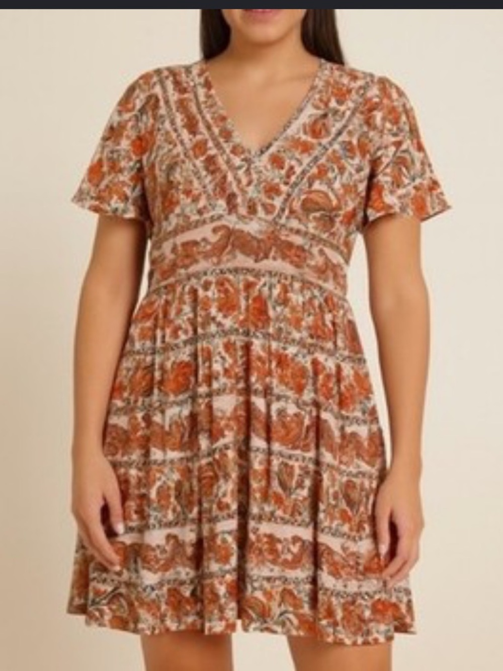 Bila boho flowy paisley floral dress above knee orange cream large